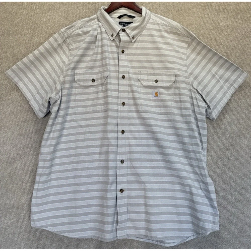 Carhartt Men's 2XL Shirt Gray Strips Button Down Workwear Loose Fit Short Sleeve